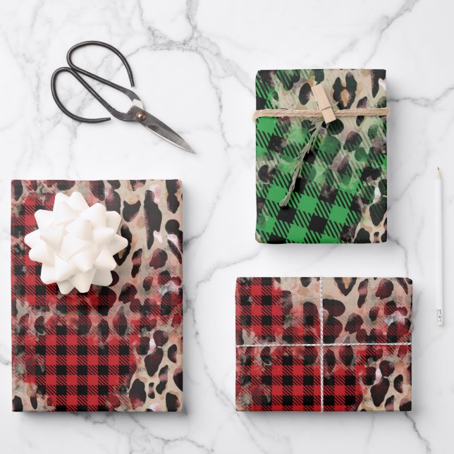 Red & Green Plaid and Cheetah Funky Christmas  Wrapping Paper Sheet (Front)