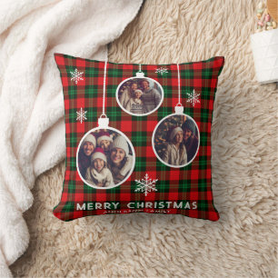 Red Green Plaid Buffalo Check Photo Christmas Cushion