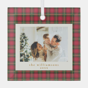Red Green Plaid Christmas Family Photo Keepsake Glass Tree Decoration