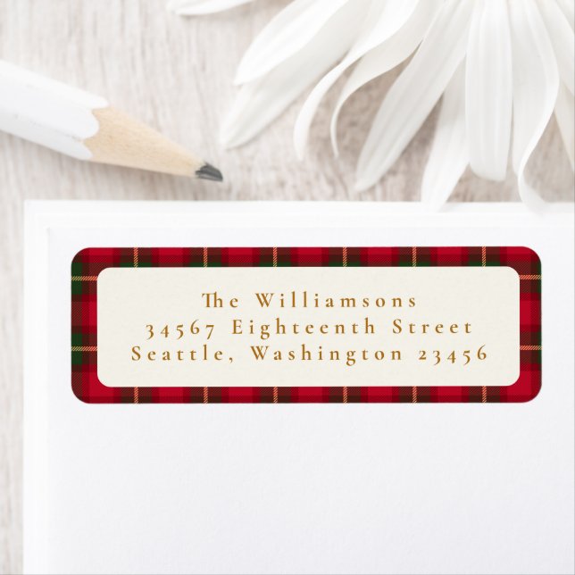 Red Green Plaid Christmas Return Address Gold (Insitu)