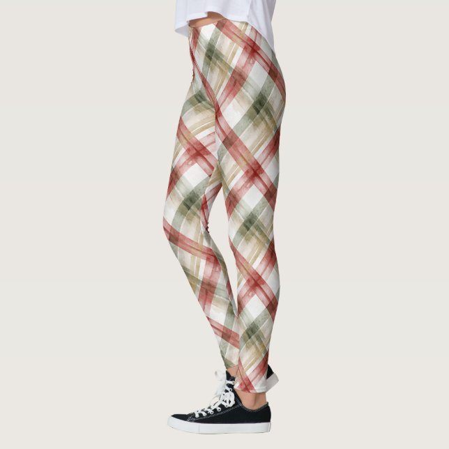 Red Green Plaid Christmas Stripes Leggings (Left)