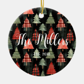 Red & Green Plaid Christmas Trees on Black Ceramic Tree Decoration