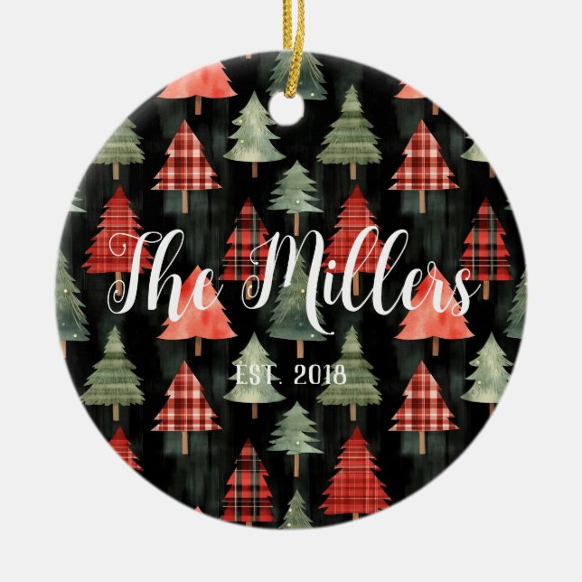 Red & Green Plaid Christmas Trees on Black  Ceramic Tree Decoration (Front)