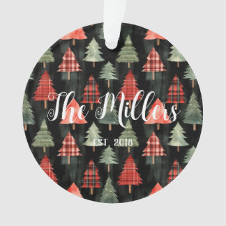 Red & Green Plaid Christmas Trees on Black Ornament