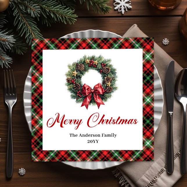 Red Green Plaid Christmas Wreath Napkins Custom (Red Green Plaid Christmas Wreath Napkins Custom)