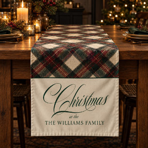 Red Green Plaid Dark Green Ivory Christmas Family Short Table Runner