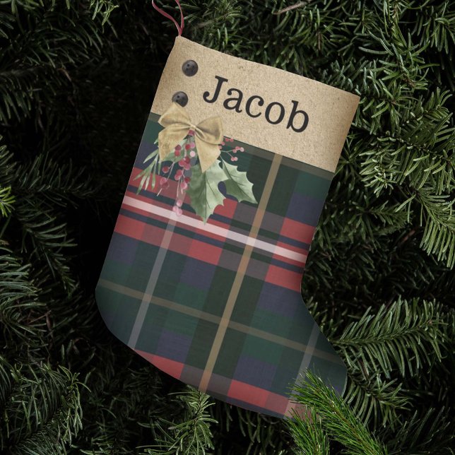 Red Green Plaid Gold Bow & Greenery Custom Name Small Christmas Stocking (Creator Uploaded)