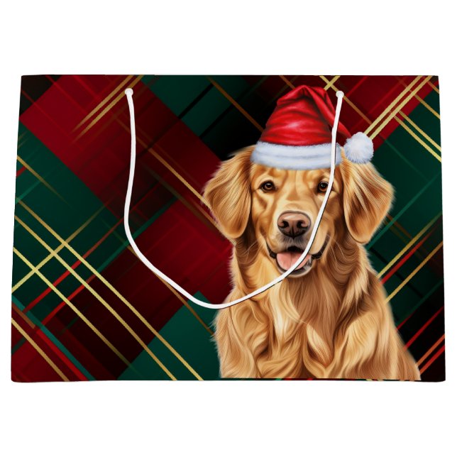 Red Green Plaid Golden Retriever Dog Lover Holiday Large Gift Bag (Front)