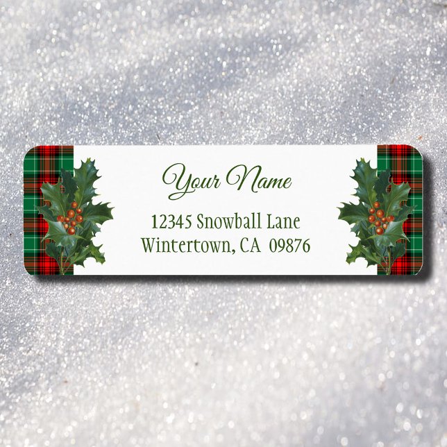 Red Green Plaid Holiday Holly Custom Address Label (Red Green Holiday Plaid with Holly)
