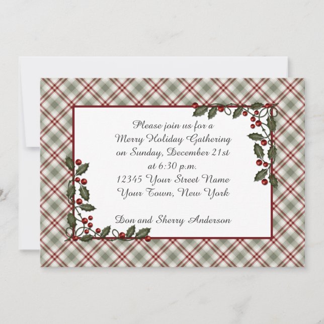 Red Green Plaid Holly Berries Leaves Invitation (Front)