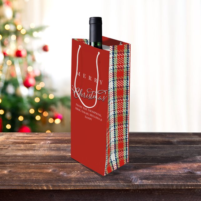 Red Green Plaid Merry Christmas Custom Wine Gift Bag (Red and green plaid pattern custom wine gift bag)