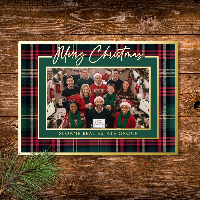 Red Green Plaid Merry Christmas Script Photo (Red Green Plaid Merry Christmas Script Photo Foil Holiday Card)