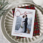 Red & Green Plaid Merry Christmas Script Photo Holiday Card<br><div class="desc">This beautiful, modern Classic Red & Green Plaid Merry Christmas Script Photo Christmas Holiday Card features your vertical wedding photo behind a white border. The word 'Merry' appears in breakout border fashion in the upper left, followed by the word "Christmas" in a beautiful, bold hand lettered typography, both in rich,...</div>
