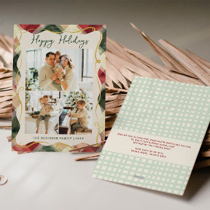 Red Green Plaid Pattern Happy Holidays 3 Photo Holiday Card