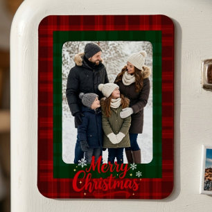 Red Green Plaid Personalised Christmas Photo Magnet