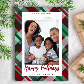 Red Green Plaid Photo Modern Happy Holidays  Holiday Card