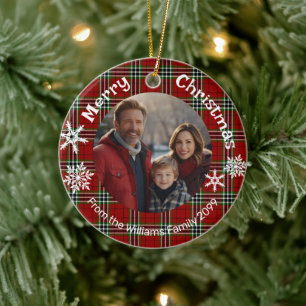 Red green plaid photo white snowflakes ceramic tree decoration