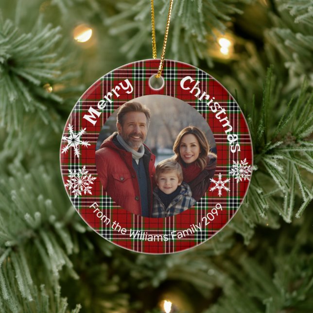 Red green plaid photo white snowflakes ceramic tree decoration (Tree)