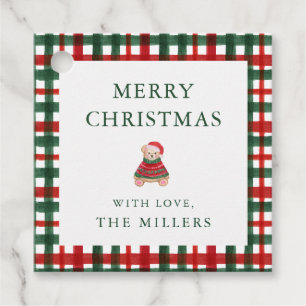 Red Green Plaid Preppy Bear Christmas Gift Tags