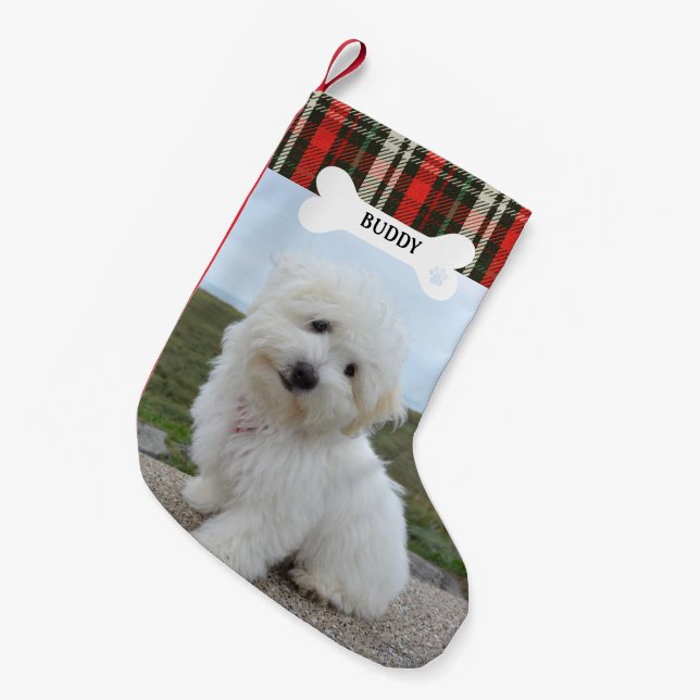 Red Green Plaid Rustic Dog Bone Pet Photo Small Christmas Stocking (Front (Hanging))