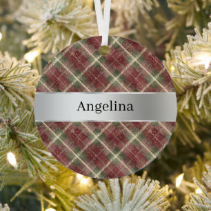 Red Green Plaid Silver Ribbon Christmas Metal Tree Decoration