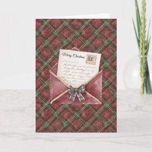 Red Green Plaid Stripes Letter Christmas Card