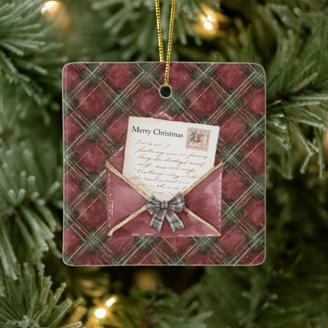 Red Green Plaid Stripes Letter Christmas   Ceramic Ornament (Tree)