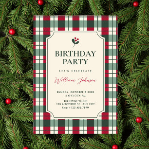 Red green plaid tartan pattern birthday invitation