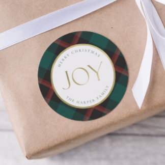 Red Green Plaid Tradition Joy Classic Round Sticker