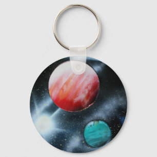 Red Green Planets and White star spraypainting Key Ring