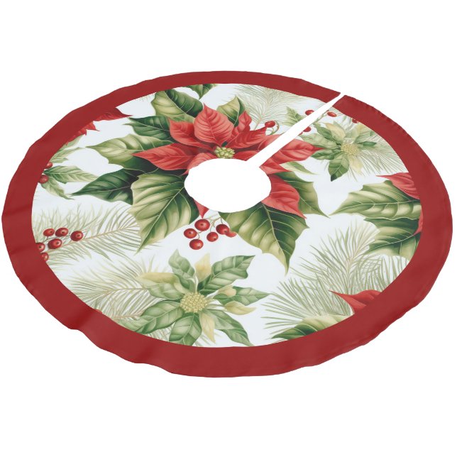 Red Green Poinsettia Holly Berry Festive Christmas Brushed Polyester Tree Skirt (Angled)