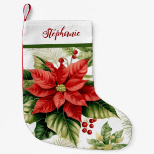 Red Green Poinsettia Holly Pattern Personalised Small Christmas Stocking