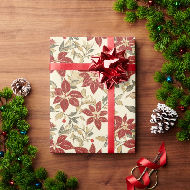 Red Green Poinsettias Vintage Christmas Wrapping Paper (Holiday Gift)