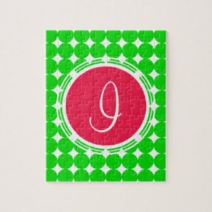 Red & Green Polka Dot Monogram Jigsaw Puzzle