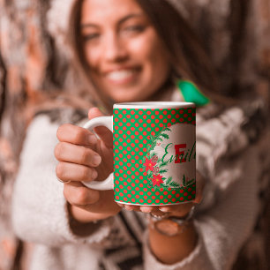 red & green Polka dots Botanical Custom Monogram Coffee Mug