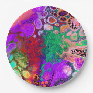 Red, Green, Purple Colourful Digital Fluid Art   Paper Plate