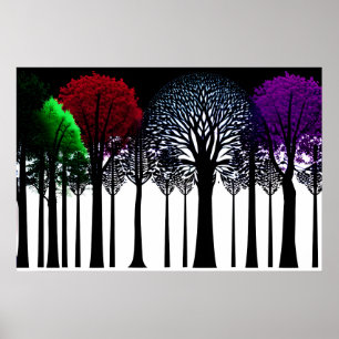 Red Green Purple Splash in Black and White Forest Poster