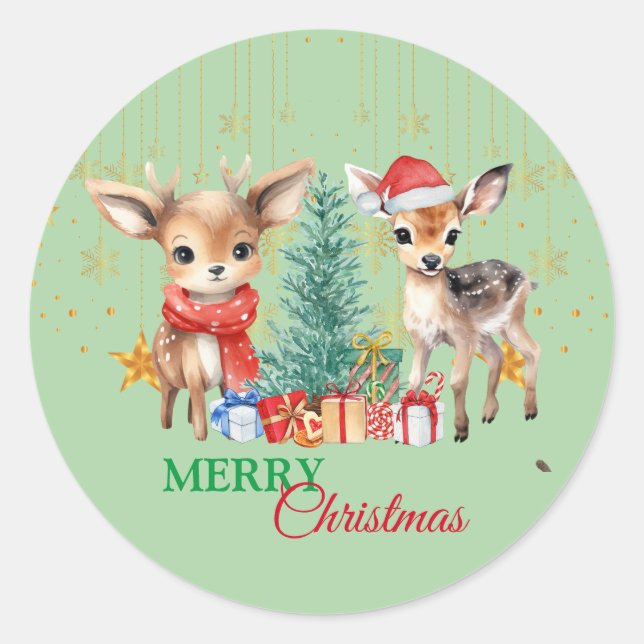 Red Green reindeer Santa  Merry Christmas Party Classic Round Sticker (Front)
