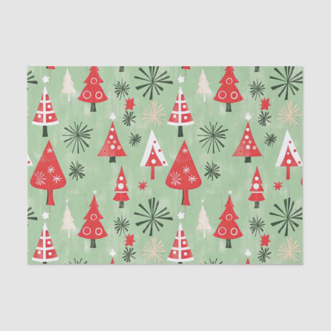 Red Green Retro Christmas Trees Tissue Paper (Front)