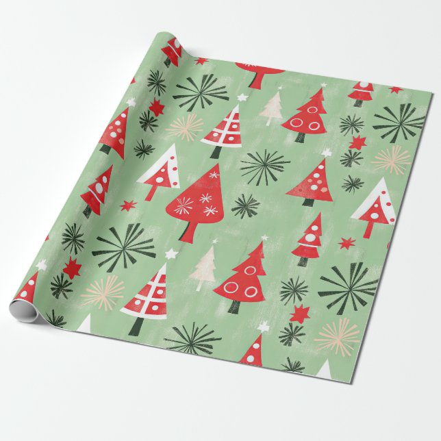 Red Green Retro Christmas Trees Wrapping Paper (Unrolled)