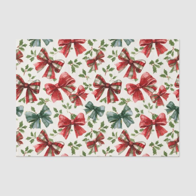 Red Green Retro Plaid Bows Christmas Tissue Paper (Front)