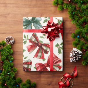 Red Green Retro Plaid Bows Christmas Wrapping Paper