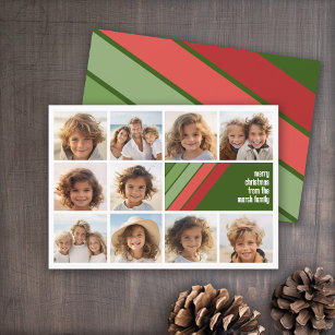 Red Green Retro Stripes - 10 Photo Collage Holiday Card