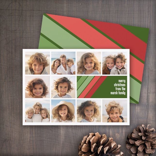 Red Green Retro Stripes - 10 Photo Collage Holiday Card (Red and Green Retro Stripe Holiday Card - 10 Photo Template - Print and Download Options)