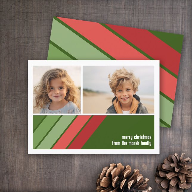 Red Green Retro Stripes - 2 Photo Collage Holiday Card (Red and Green Retro Stripe Holiday Card - 2 Photo Template - Print and Download Options)