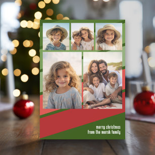 Red Green Retro Stripes - 5 Photo Collage Holiday Card