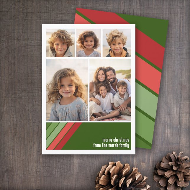 Red Green Retro Stripes - 5 Photo Collage Holiday Card (Red and Green Retro Stripe Holiday Card with an 5 Photo Collage template)