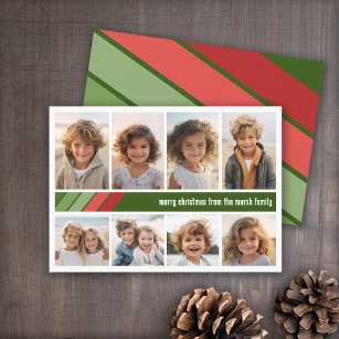 Red Green Retro Stripes - 8 Photo Collage Holiday Card