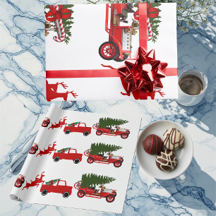 Red Green Retro Truck Reindeer Christmas Cargo  Wrapping Paper