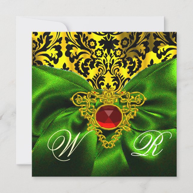 RED GREEN RIBBON GOLD CELTIC HEART DAMASK MONOGRAM INVITATION (Front)